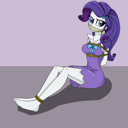 Size: 2000x2000 | Tagged: safe, artist:nie-martw-sie-o-mnie, rarity, equestria girls, g4, arm behind back, barefoot, bondage, bound and gagged, breasts, cloth gag, clothes, dress, feet, female, gag, high res, looking at you, nightgown, rope, rope bondage, solo, tied up