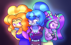 Size: 4385x2750 | Tagged: safe, artist:iceflower99, adagio dazzle, aria blaze, sonata dusk, equestria girls, g4, my little pony equestria girls: rainbow rocks, arm around neck, breasts, busty sonata dusk, crossed arms, cute, female, happy, hug, smiling, sonatabetes, the dazzlings, trio, varying degrees of amusement