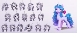 Size: 1007x429 | Tagged: safe, artist:imalou, izzy moonbow, pony, unicorn, g5, my little pony: a new generation, colored, concept art, expressions, female, jewelry, leg bracelet, long mane, paintbrush, reference sheet, sketch, sketch dump, solo, unshorn fetlocks