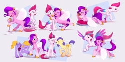 Size: 1012x503 | Tagged: safe, artist:imalou, pipp petals, zipp storm, pegasus, pony, g5, my little pony: a new generation, spoiler:my little pony: a new generation, adorapipp, adorazipp, concept art, cute, female, flying, hooficure, hug, microphone, microphone stand, royal sisters (g5), siblings, singing, sisters, that pony sure does love phones, unnamed character, unnamed pony, unshorn fetlocks, zipp storm is not amused