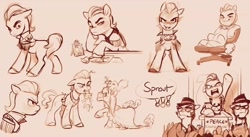 Size: 1021x561 | Tagged: safe, artist:imalou, sprout cloverleaf, earth pony, pony, squirrel, g5, my little pony: a new generation, concept art, conference, cyrillic, emperor sprout, evil smile, female, grin, male, mare, russian, smiling, soviet, stallion, twig, unnamed character, unnamed pony