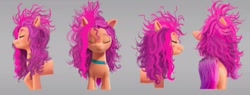 Size: 785x298 | Tagged: safe, artist:imalou, sunny starscout, g5, my little pony: a new generation, spoiler:my little pony: a new generation, 3d, concept art, female, front view, mane, mare, messy mane, rear view, side view, solo, sunny's bag, tail