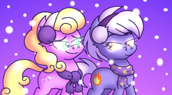 Size: 3600x2000 | Tagged: safe, artist:iceflower99, burning passion, millie, earth pony, pony, g4, my little pony best gift ever, clothes, duo, earmuffs, high res, milliepassion, scarf, scene interpretation, snow, snowfall, winter outfit