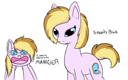 Size: 1105x692 | Tagged: safe, artist:puppyhowler, oc, oc only, oc:snooty blab, earth pony, pony, female, karen, simple background, solo, speak to the manager, white background