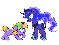 Size: 1980x1500 | Tagged: safe, artist:iceflower99, princess luna, oc, oc:buggy brush, alicorn, pony, unicorn, fanfic:your faithful student buggy brush, g4, blue eyes, crown, duo, fanfic, female, floppy ears, folded wings, green eyes, hoof shoes, horn, jewelry, looking at each other, mare, peytral, regalia, simple background, standing, tail, two toned mane, unicorn oc, wavy mouth, white background, wings, yellow tail