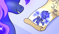 Size: 4000x2333 | Tagged: safe, artist:iceflower99, princess luna, alicorn, pony, fanfic:your faithful student buggy brush, g4, fanfic, letter, smiling