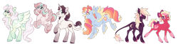 Size: 1920x481 | Tagged: safe, artist:bishopony, oc, oc only, classical unicorn, earth pony, hybrid, pegasus, pony, unicorn, chubby, cloven hooves, coat markings, concave belly, earth pony oc, flying, freckles, glasses, height difference, horn, interspecies offspring, leonine tail, magical lesbian spawn, offspring, parent:applejack, parent:big macintosh, parent:cheerilee, parent:coco pommel, parent:donut joe, parent:fluttershy, parent:pinkie pie, parent:princess skystar, parent:rainbow dash, parent:rarity, parent:twilight sparkle, parent:vapor trail, parents:cheerijack, parents:cocodash, parents:rarijoe, parents:skypie, parents:twimac, parents:vaporshy, pegasus oc, physique difference, raised hoof, simple background, slender, socks (coat markings), spread wings, standing, thin, transparent background, unicorn oc, unshorn fetlocks, wings