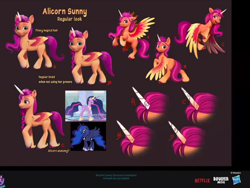 Size: 1888x1420 | Tagged: safe, artist:imalou, princess luna, sunny starscout, twilight sparkle, alicorn, pony, g4, g5, my little pony: a new generation, the last problem, spoiler:g5, spoiler:my little pony: a new generation, 3d, alicornified, colored wings, concave belly, concept art, ethereal mane, female, flying, horn, horn markings, long horn, mare, multicolored wings, older, older twilight, older twilight sparkle (alicorn), princess twilight 2.0, race swap, rearing, slender, spread wings, sunnycorn, tall, thin, twilight sparkle (alicorn), wings