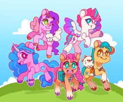 Size: 4000x3331 | Tagged: safe, artist:cocopudu, cloudpuff, hitch trailblazer, izzy moonbow, pipp petals, sunny starscout, zipp storm, earth pony, pegasus, pony, unicorn, g5, my little pony: a new generation, spoiler:my little pony: a new generation, cloud, critter magnet, cute, female, flying, group, high res, male, mane five, mare, one eye closed, open mouth, open smile, pin, sash, satchel, sextet, smiling, spread wings, stallion, white pupils, wings, wink