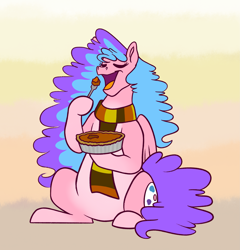 Size: 2739x2858 | Tagged: safe, artist:bella-pink-savage, oc, oc only, oc:bella pinksavage, pegasus, pony, clothes, eating, eyes closed, female, food, herbivore, high res, hoof hold, pie, pumpkin pie, scarf, sitting, solo