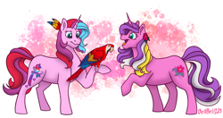 Size: 4621x2445 | Tagged: safe, artist:bella-pink-savage, garden wishes, sunrise song, bird, macaw, parrot, pony, unicorn, g3, duo, female