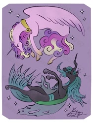 Size: 753x1000 | Tagged: safe, artist:kalabash92, princess cadance, queen chrysalis, alicorn, changeling, changeling queen, pony, g4, crying, duo, female