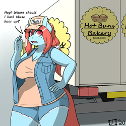 Size: 3000x3000 | Tagged: safe, artist:lex-i-paws, oc, oc only, oc:ruby blossom, earth pony, anthro, breasts, chubby, cleavage, clothes, curvy, female, high res, plump, pun, shorts, solo, truck, trucker, vest, visual pun