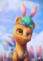 Size: 776x1080 | Tagged: safe, artist:noasha, hitch trailblazer, earth pony, pony, rabbit, g5, my little pony: a new generation, spoiler:my little pony: a new generation, animal, bunny ears, cloud, critter magnet, male, stallion, those critters sure do love that pony