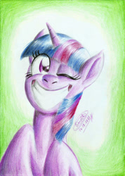 Size: 1658x2328 | Tagged: safe, artist:3500joel, twilight sparkle, ambiguous race, pony, g4, big grin, female, grin, one eye closed, smiling, solo, traditional art, wink