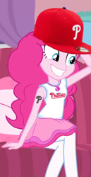 Size: 318x614 | Tagged: safe, edit, edited screencap, screencap, pinkie pie, equestria girls, g4, my little pony equestria girls: better together, pinkie sitting, baseball cap, cap, clothes, hat, mlb, philadelphia phillies, sitting, smiling, solo, tank top, tattoo