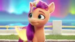 Size: 1643x933 | Tagged: safe, screencap, sunny starscout, alicorn, pony, g5, my little pony: a new generation, spoiler:my little pony: a new generation, 3d, alicornified, cute, female, mane stripe sunny, mare, maretime bay, race swap, solo, sunnybetes, sunnycorn