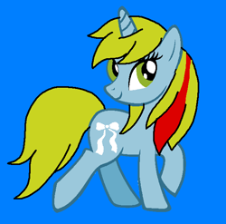 Size: 607x600 | Tagged: safe, artist:piggyman54, ribbon (g1), pony, unicorn, g1, g4, blue background, cute, female, g1 to g4, generation leap, mare, ribbon being stylish, ribbondorable, simple background, smiling, solo