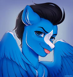 Size: 2941x3127 | Tagged: safe, artist:muhomora, oc, oc only, oc:enduro elite, pony, unicorn, blaze (coat marking), bust, coat markings, facial markings, head, high res, portrait, smiling, solo, tongue out