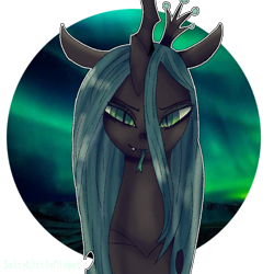 Size: 768x768 | Tagged: safe, artist:saltytangerine, queen chrysalis, changeling, changeling queen, g4, bust, circle background, crown, fangs, female, forked tongue, jewelry, regalia, simple background, solo, tongue out, transparent background