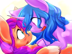 Size: 4096x3072 | Tagged: safe, artist:zemlya, izzy moonbow, sunny starscout, earth pony, pony, unicorn, g5, my little pony: a new generation, spoiler:my little pony: a new generation, blushing, bracelet, coat markings, eye clipping through hair, eyebrows, eyebrows visible through hair, female, friendship bracelet, high res, jewelry, lesbian, looking at each other, mare, open mouth, ship:moonscout, shipping, socks (coat markings)