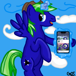 Size: 400x400 | Tagged: safe, artist:mudkip91/tetrahedron, edit, oc, oc:new leaf, alicorn, pony, breeze, cellphone, cloud, cowboy hat, cute, day, flying, happy, hat, iphone, looking back, magic, magic aura, meta, phone, sky, smartphone, youtube, youtube banner, youtube channel, youtube video