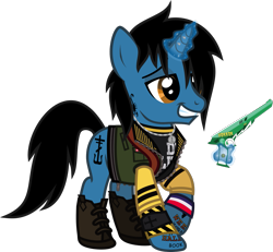 Size: 1405x1298 | Tagged: safe, artist:lightningbolt, derpibooru exclusive, pony, unicorn, g4, .svg available, boots, button, clothes, danger days: the true lives of the fabulous killjoys, frank iero, glowing, glowing horn, grin, gun, horn, horn piercing, jacket, jewelry, lidded eyes, male, my chemical romance, necklace, piercing, ponified, raised hoof, ray gun, shirt, shoes, show accurate, simple background, smiling, solo, stallion, svg, t-shirt, tattoo, transparent background, undershirt, vector, vest, weapon, wristband, zipper