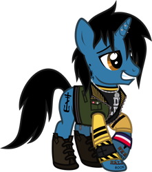 Size: 1150x1298 | Tagged: safe, artist:lightningbolt, derpibooru exclusive, pony, unicorn, g4, .svg available, boots, button, clothes, danger days: the true lives of the fabulous killjoys, frank iero, grin, horn, horn piercing, jacket, jewelry, lidded eyes, male, my chemical romance, necklace, piercing, ponified, raised hoof, shirt, shoes, show accurate, simple background, smiling, solo, stallion, svg, t-shirt, tattoo, transparent background, undershirt, vector, vest, wristband, zipper