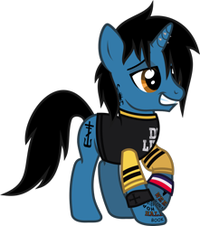 Size: 1150x1298 | Tagged: safe, artist:lightningbolt, derpibooru exclusive, pony, unicorn, g4, .svg available, clothes, danger days: the true lives of the fabulous killjoys, frank iero, grin, horn, horn piercing, lidded eyes, male, my chemical romance, piercing, ponified, raised hoof, shirt, show accurate, simple background, smiling, solo, stallion, svg, t-shirt, tattoo, transparent background, vector, wristband