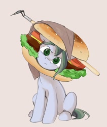 Size: 927x1100 | Tagged: safe, artist:jewellier, oc, oc only, oc:dusty soil, earth pony, pony, burger, burger costume, clothes, costume, cute, female, food, food costume, frown, hamburger, hamburger costume, hoe (tool), looking at you, mare, oda 997, simple background, solo, unamused