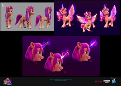 Size: 1036x733 | Tagged: dead source, safe, artist:imalou, sunny starscout, alicorn, earth pony, pony, g5, my little pony: a new generation, spoiler:g5, spoiler:my little pony: a new generation, alicornified, coat markings, concave belly, concept art, magic, mane stripe sunny, race swap, slender, socks (coat markings), solo, sunny's bag, sunnycorn, thin, unshorn fetlocks