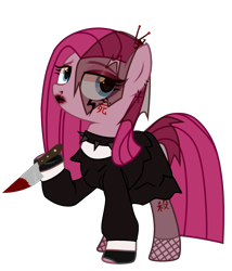 Size: 2054x2394 | Tagged: safe, alternate version, artist:idkhesoff, pinkie pie, earth pony, pony, g4, alternate hairstyle, blood, choker, clothes, dress, ear piercing, earring, eyeshadow, female, fingerless gloves, fishnet stockings, gloves, goth, hairpin, high res, japanese, jewelry, knife, leggings, lipstick, makeup, mare, nose piercing, piercing, pinkamena diane pie, simple background, solo, spiked choker, tattoo, transparent background, veil