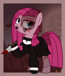 Size: 2054x2394 | Tagged: safe, alternate version, artist:idkhesoff, derpibooru exclusive, pinkie pie, earth pony, pony, g4, alternate hairstyle, blood, choker, clothes, dress, ear piercing, earring, eyeshadow, female, fingerless gloves, fishnet stockings, gloves, goth, hairpin, high res, japanese, jewelry, knife, leggings, lipstick, makeup, mare, nose piercing, piercing, pinkamena diane pie, solo, spiked choker, tattoo, veil