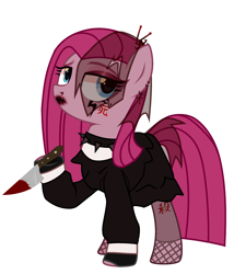 Size: 2054x2394 | Tagged: safe, alternate version, artist:idkhesoff, pinkie pie, earth pony, pony, g4, alternate hairstyle, blood, choker, clothes, dress, ear piercing, earring, eyeshadow, female, fingerless gloves, fishnet stockings, gloves, goth, hairpin, high res, japanese, jewelry, knife, leggings, lipstick, makeup, mare, nose piercing, piercing, pinkamena diane pie, simple background, solo, spiked choker, tattoo, veil, white background