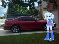 Size: 1280x953 | Tagged: safe, artist:creativet01, trixie, equestria girls, g4, my little pony equestria girls, boots, car, clothes, driveway, equestria girls in real life, female, ford, ford mustang, high heel boots, hoodie, irl, mud, mud puddle, pants, photo, puddle, shirt, shoes, skirt, solo, wet boots