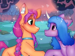 Size: 1024x768 | Tagged: safe, artist:valkiria, izzy moonbow, sunny starscout, earth pony, pony, unicorn, g5, bag, bedroom eyes, blushing, chest fluff, curved horn, cute, female, heart, heart eyes, horn, izzybetes, lesbian, looking at each other, mare, raised hoof, ship:moonscout, shipping, sunnybetes, tree, wingding eyes