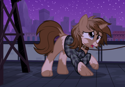 Size: 1508x1054 | Tagged: safe, artist:anonymous, oc, oc only, oc:nada, pony, unicorn, /ptfg/, clothes, collar, eye color change, female, human to pony, leash, mare, mid-transformation, open mouth, outdoors, pet, pony pet, shirt, show accurate, transformation