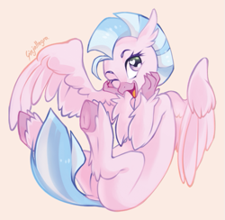 Size: 639x623 | Tagged: safe, artist:ginjallegra, silverstream, hippogriff, g4, beak, claws, cute, diastreamies, female, happy, heart eyes, looking at you, one eye closed, open beak, open mouth, open smile, simple background, smiling, solo, underhoof, wingding eyes