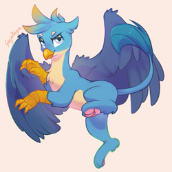 Size: 617x617 | Tagged: safe, artist:ginjallegra, derpibooru exclusive, gallus, griffon, g4, looking at you, male, paw pads, paws, simple background, smiling, solo, wings