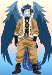 Size: 1716x2447 | Tagged: safe, artist:inisealga, oc, oc only, oc:soaring spirit, pegasus, anthro, abstract background, anime, aviator goggles, bomber jacket, boots, clothes, cosplay, costume, gloves, goggles, gradient background, hawks, jacket, male, my hero academia, pants, pegasus oc, shoes, solo, spread wings, stallion, wings