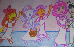 Size: 1280x813 | Tagged: safe, artist:dex stewart, apple bloom, scootaloo, sweetie belle, equestria girls, g4, chiro, cutie mark crusaders, jinmay, marriage, request, super robot monkey team hyperforce go!, traditional art, wedding