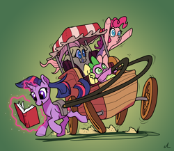 Size: 4500x3907 | Tagged: safe, artist:docwario, fluttershy, pinkie pie, spike, twilight sparkle, alicorn, dragon, pegasus, pony, g4, absurd resolution, book, clothes, female, gloves, glowing, glowing horn, horn, magic, male, mare, reading, scared, twilight sparkle (alicorn), twitober, wagon