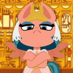 Size: 1024x1024 | Tagged: safe, artist:thegreatrouge, somnambula, pegasus, pony, g4, animal crossing, ankha, ankha zone, clothes, crossed arms, crossover, egyptian, eyeshadow, female, looking at you, looking down, looking down at you, makeup, mare, meme, parody, ponified meme, see-through, solo, spread wings, unamused, wings