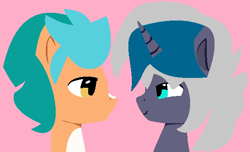 Size: 584x355 | Tagged: safe, artist:jadeharmony, artist:swaggykittycat, hitch trailblazer, oc, oc:elizabat stormfeather, alicorn, bat pony, bat pony alicorn, earth pony, pony, g5, alicorn oc, base used, bat pony oc, bat wings, canon x oc, female, horn, looking at each other, male, mare, markings, pink background, simple background, stallion, straight, wings