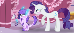 Size: 3674x1632 | Tagged: safe, artist:fadeddana, rarity, oc, oc:crystal clarity, dracony, hybrid, pony, unicorn, kilalaverse, g4, caught, crayon, drawing, duo, female, interspecies offspring, mother and child, mother and daughter, offspring, parent:rarity, parent:spike, parents:sparity