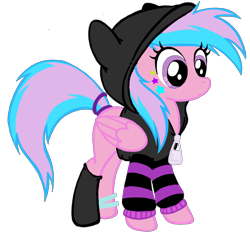Size: 2523x2373 | Tagged: safe, artist:telasra, oc, oc only, pegasus, pony, bracelet, clothes, female, high res, hoodie, jewelry, mare, pegasus oc, ring, simple background, smiling, solo, tail, tail ring, tattoo, transparent background, wings