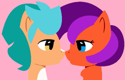 Size: 523x334 | Tagged: safe, artist:jadeharmony, artist:swaggykittycat, hitch trailblazer, oc, oc:jade harmony, earth pony, pegasus, pony, g5, base used, boop, canon x oc, female, looking at each other, male, mare, markings, noseboop, pink background, simple background, stallion, straight