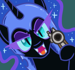 Size: 303x280 | Tagged: safe, artist:jargon scott, nightmare moon, alicorn, pony, g4, close-up, delet this, female, gun, handgun, hi anon, hoof hold, looking at you, mare, meme, pistol, solo