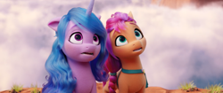 Size: 3834x1604 | Tagged: safe, screencap, izzy moonbow, sunny starscout, earth pony, pony, unicorn, g5, my little pony: a new generation, spoiler:my little pony: a new generation, 3d, female, high res, mare