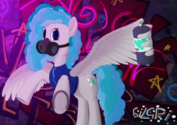 Size: 7016x4961 | Tagged: safe, artist:laykeen, derpibooru exclusive, oc, oc only, oc:silver graffiti, pegasus, pony, clothes, gas mask, graffiti, grey fur, horseshoes, looking at you, mask, neon, solo, spray can, spray paint, sweater, wall, wing hands, wings
